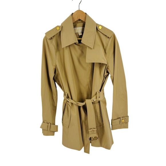 MICHAEL Michael Kors Jackets & Blazers - Michael Michael Kors Womens Tan Asymmetrical Zip Trench Coat Gold Hardware L